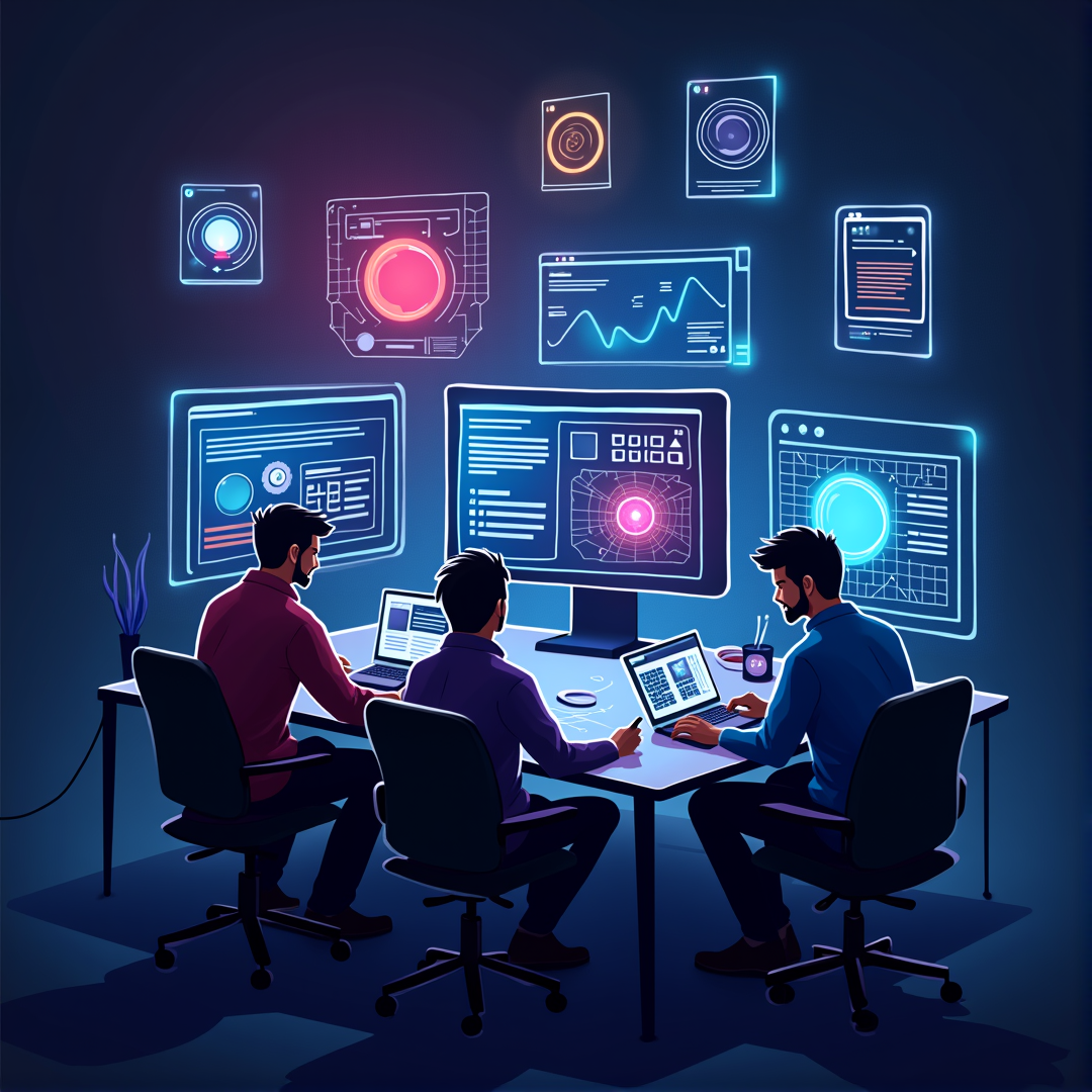 Creative team building a modern responsive website with floating UI design elements and branding tools in a high-tech studio.