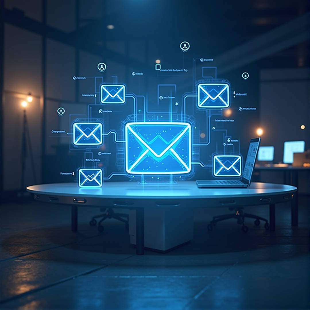 Digital workspace with a holographic email system displaying multiple customizable business email accounts.