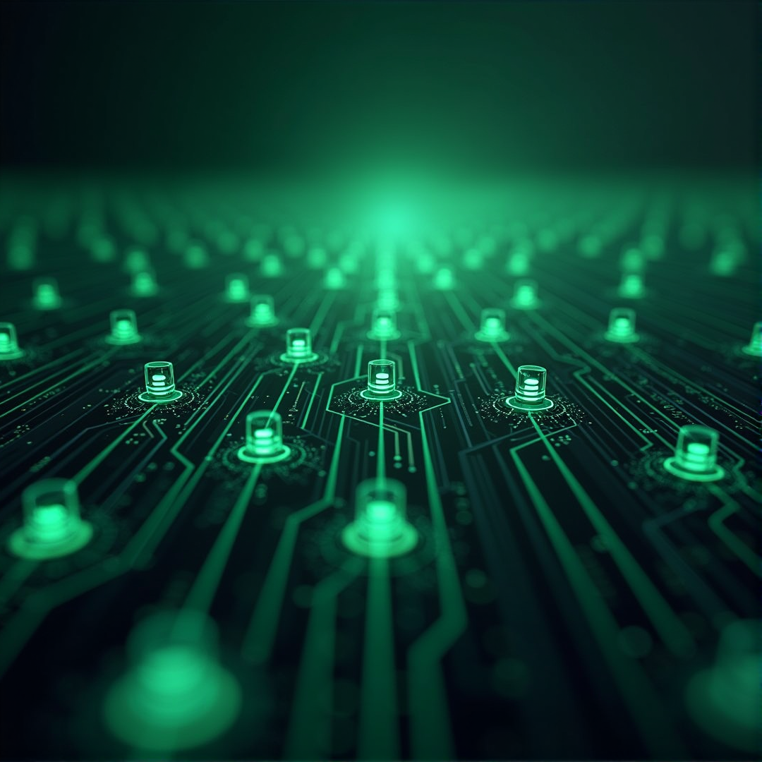 Futuristic visual of infinite MySQL databases connected by glowing circuits, representing unlimited database creation and management.