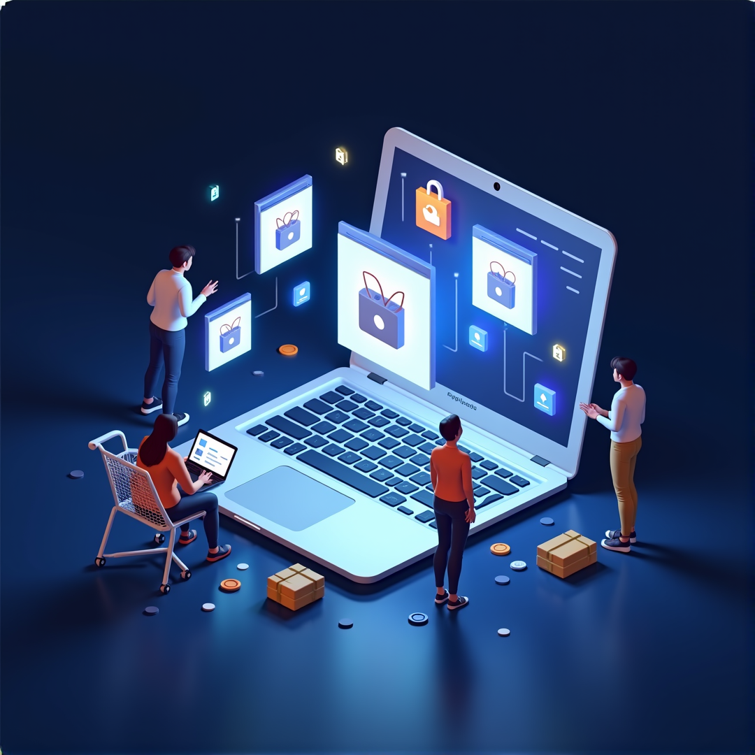 Modern e-commerce interface with product cards, shopping carts, and secure payment options representing an online shopping experience.