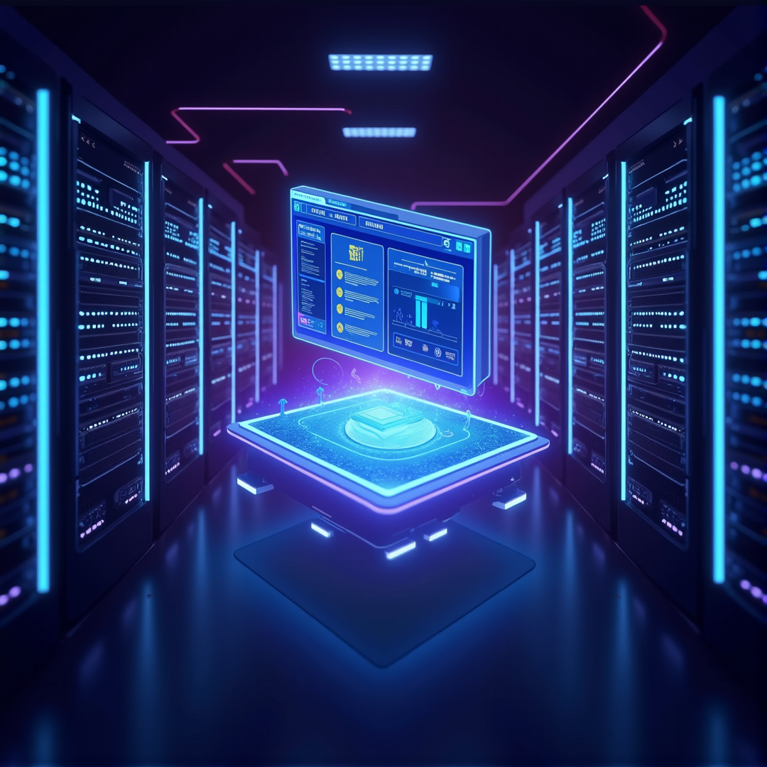 High-tech data center with glowing server racks and a cPanel interface showcasing 99% uptime for reliable web hosting.